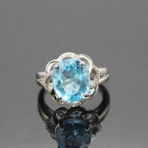 925 Silver Ring with 8mmX10mm Oval Blue Topaz  Cubic Zirocnia Ring(F275)