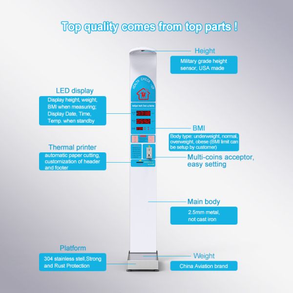Compact Coin Operated Height and Weight Scale for Pharmacy Shopping Malls G.W. 47KG