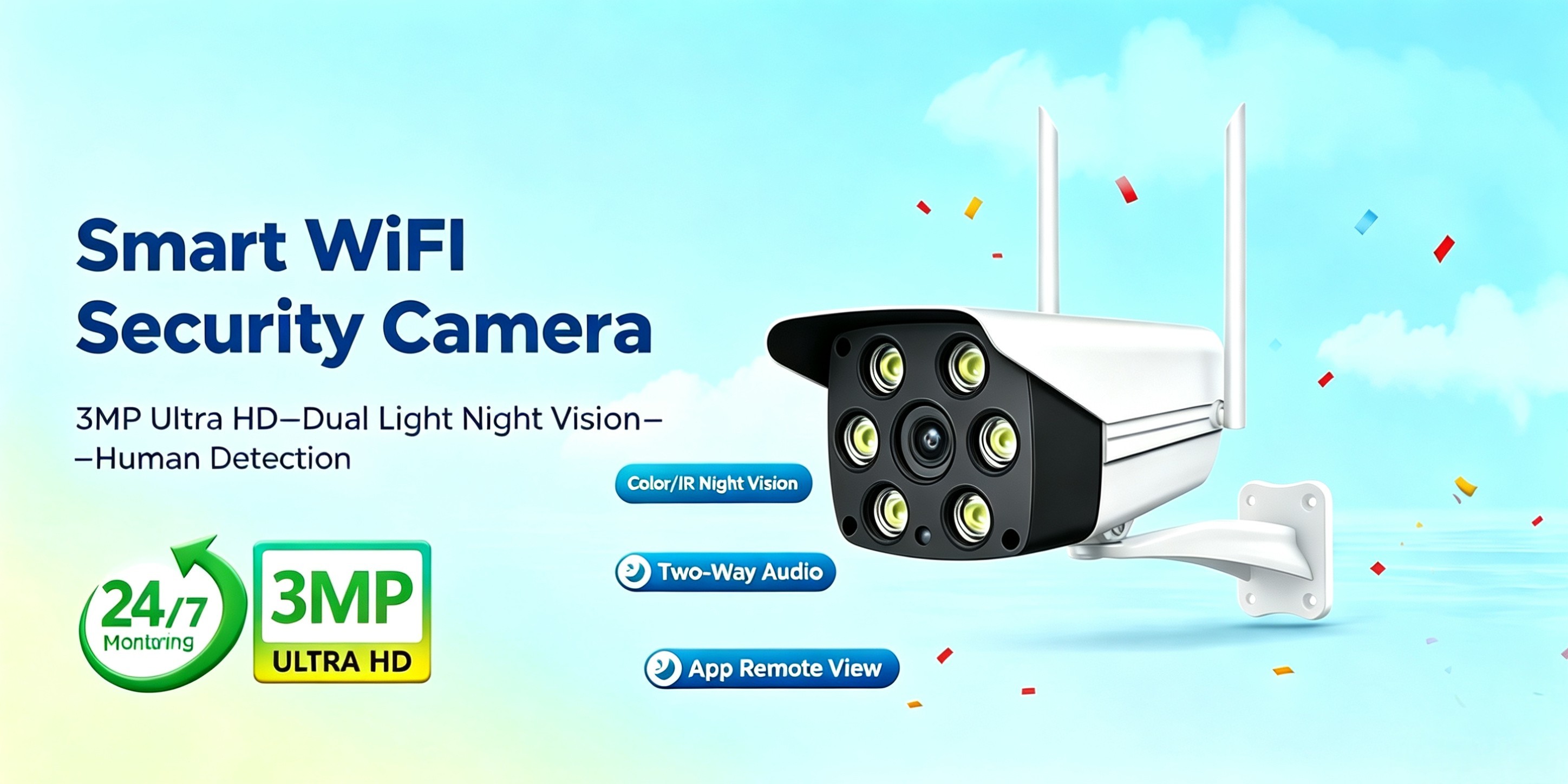 3MP/5MP Outdoor WiFi Security Camera, Bluetooth One‑Key Connection, Two‑Way Audio, IR & Spotlight Full‑Color Night Vision, Smart Human Detection, App & PC Remote Monitoring