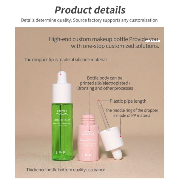 Logotipo personalizado Envase de cuidado de la piel de plástico de lujo 20ml 30ml 60ml 1oz Serum de cara plana helado Goteador de aceite esencial Botella negra