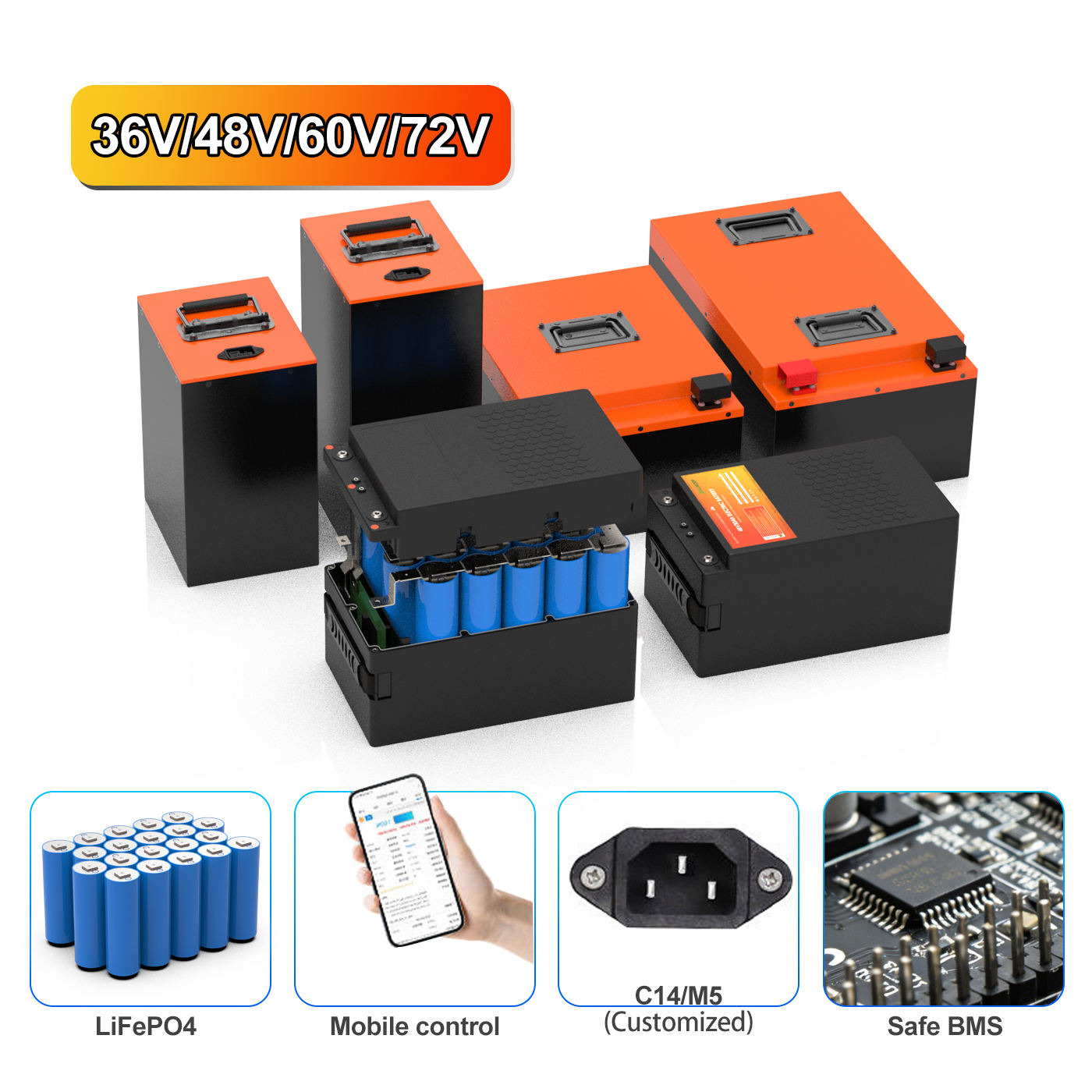 72V 100AH LiFePO4 Battery Pack 6000+ Cycles IP65 Waterproof Built In Intelligent BMS