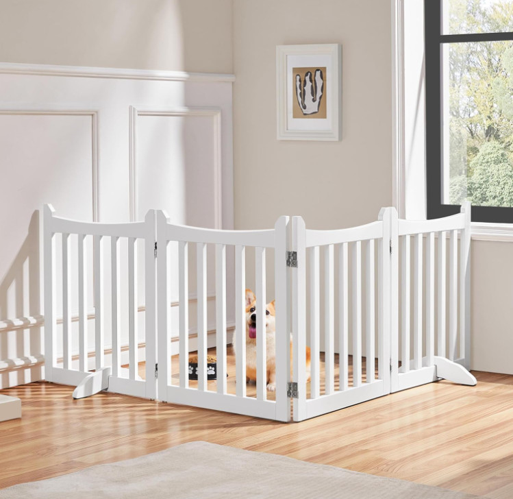 24 H Freestanding Doorway Collapsible Indoor Wooden Dog Gates Pet Fence With Support Feet Stair Barrier