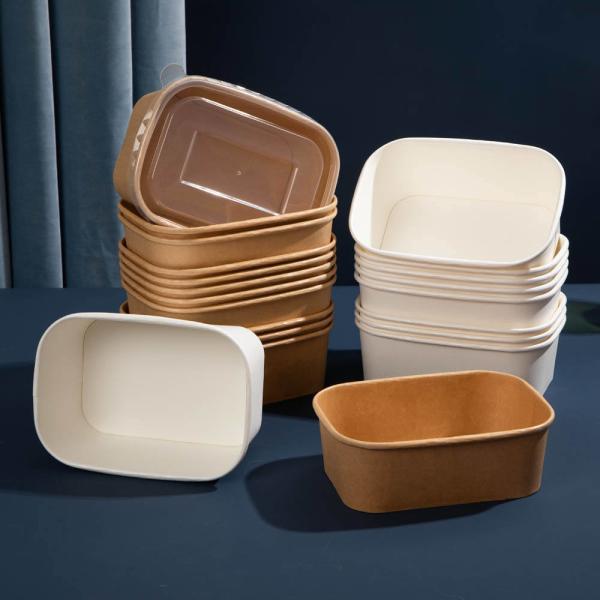 Waterproof disposable biodegradable Kraft Food Grade Paper Customized Printing Square Rectangular bowls with lid