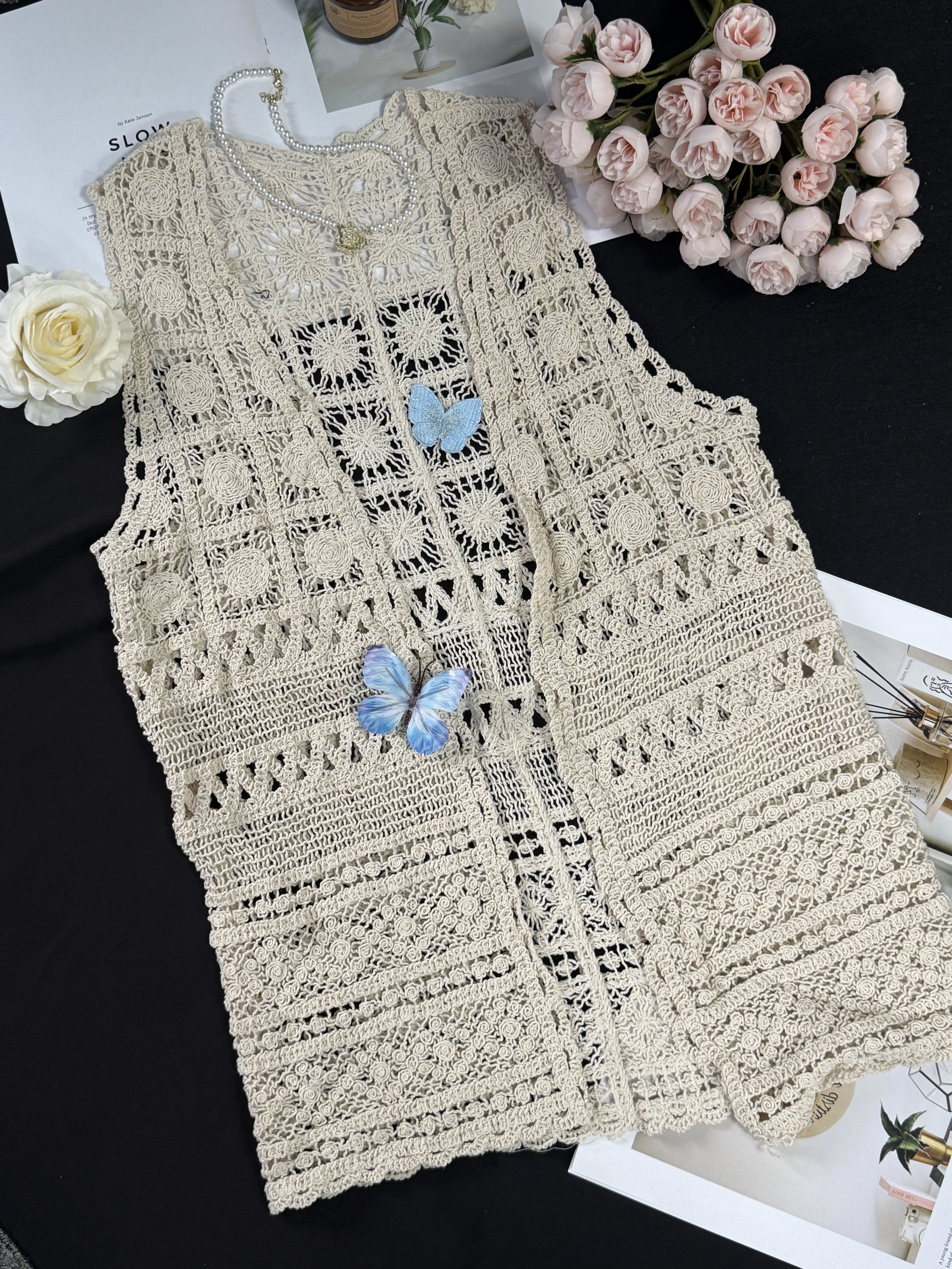 Mid to Long Bohemian Knitted Jacket with Handmade Leaf Floral Crochet Hollow-Out Design and Lightweight Knitted Fabric in Retro Boho Style