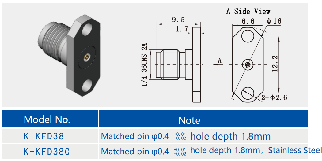 K2.92mm Female Stainless Steel 2-hole Flange RF Coaxial Connector With Micro-strip