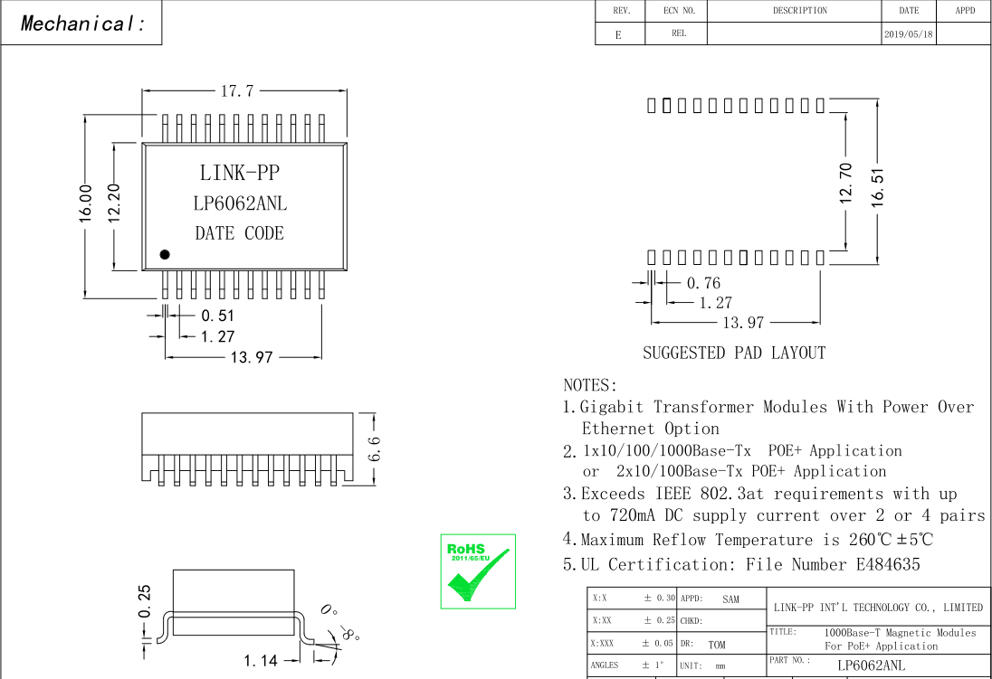 Заголовок трансформаторов 1CT SMD 1500Vrms локальных сетей Lan гигабита POE+ HF VP6014RZ магнитный открытый