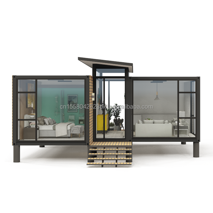 Diseño moderno Contenedor de jardín Estructura de acero Casa de madera Vivienda familiar Ventana de aleación de aluminio Ventanas