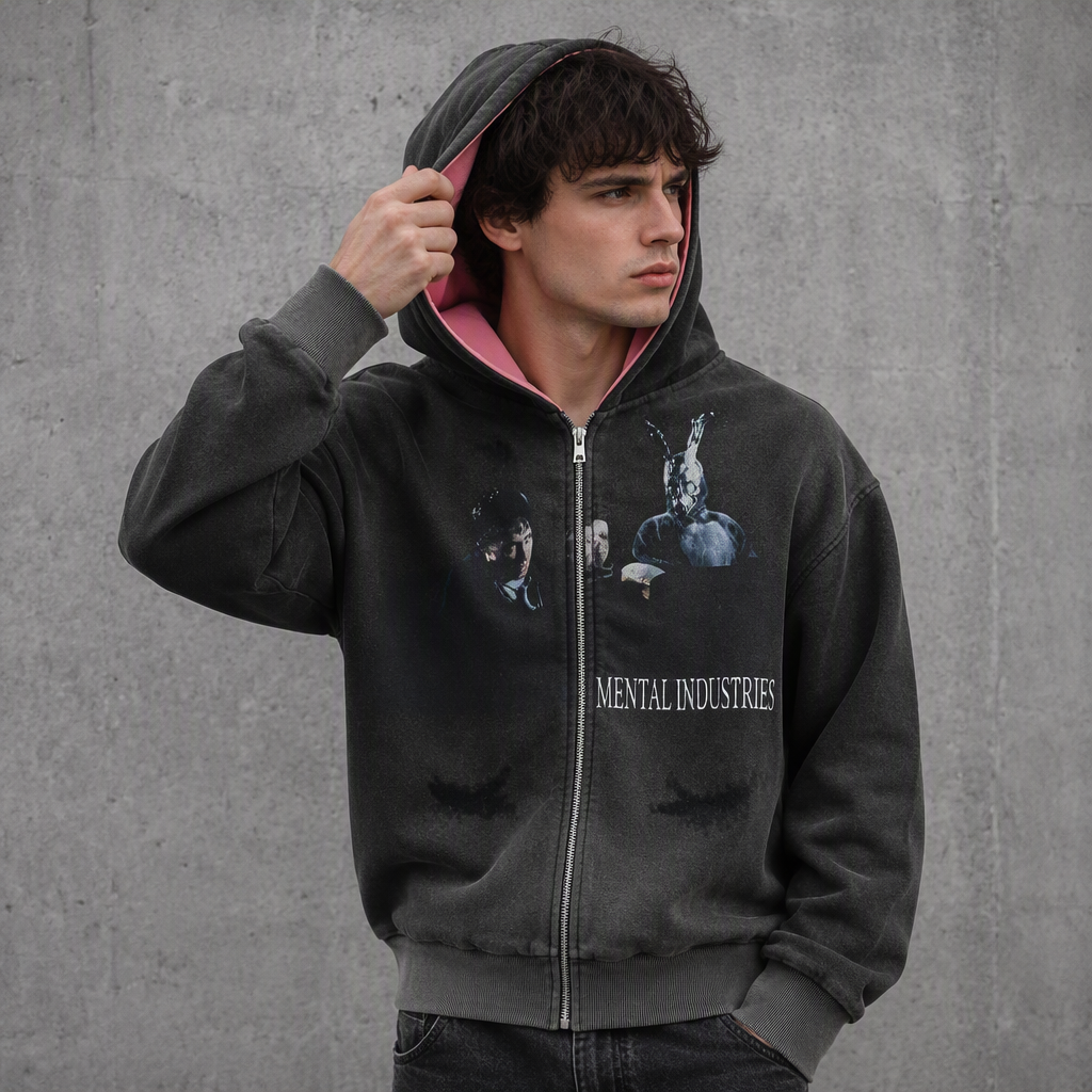 OEM Custom Vintage Double Sided Hoodie Acid Wash Screen Print Distressed Boxy Reversible Heavyweight 480Gsm Zipper Men's Hoodies
