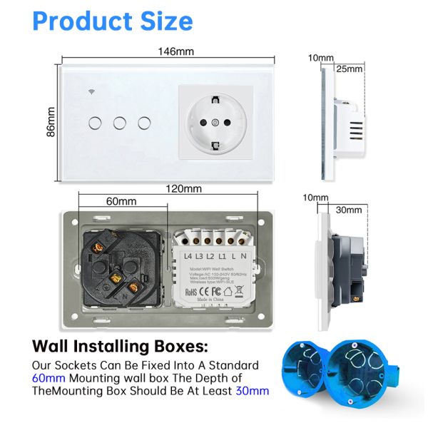 Alexa Wifi Smart Wall Switch And Socket Dual USB Waterproof Tempered Glass Panel