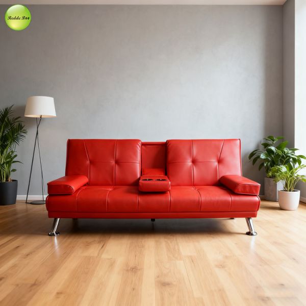 Space Saving Multifunctional 2 Seater Sofa Bed Settee PU Leather With Cup Holder