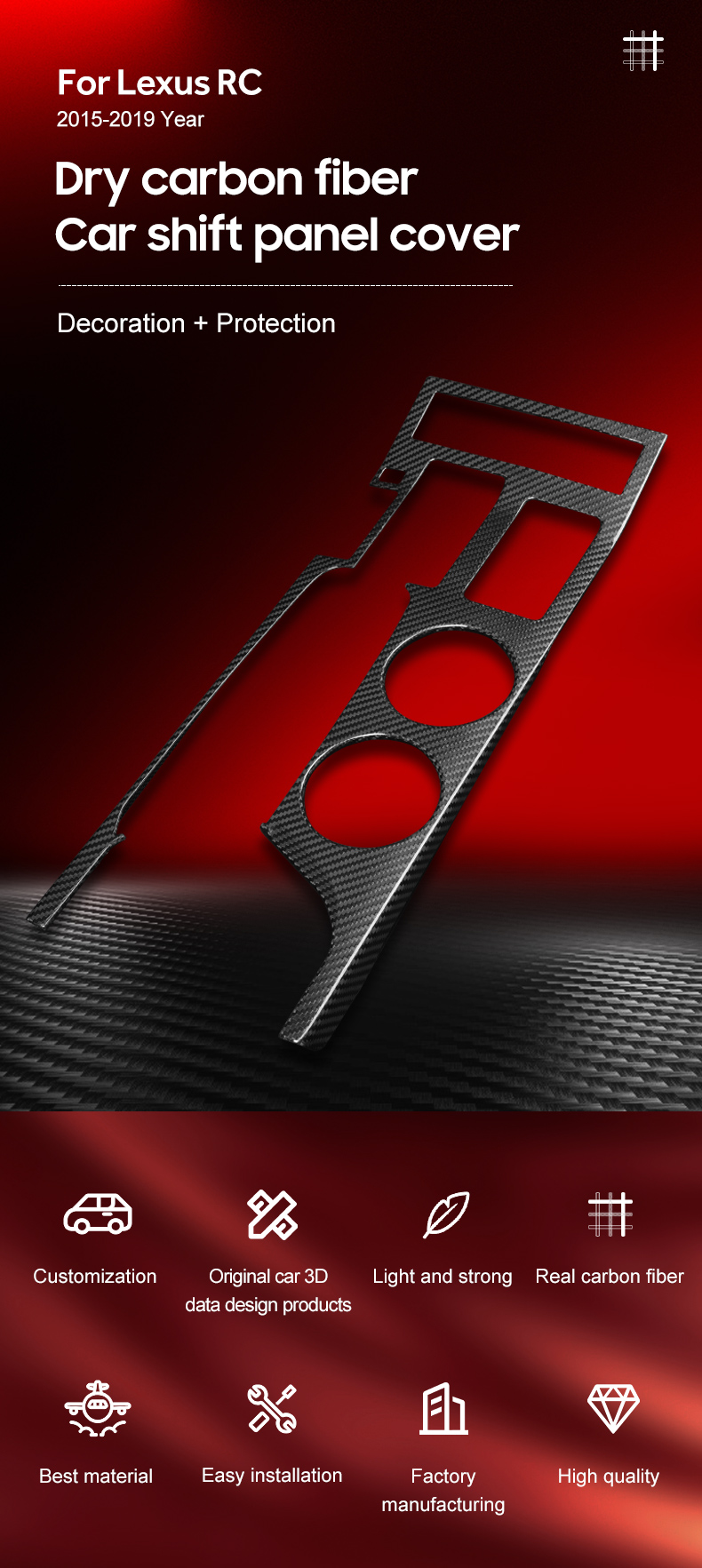 Dry Carbon Fiber Car Shift Panel Cover for Lexus RC 2015-2019 Year