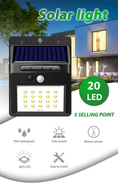 IP66 200lm 10ft Distance Solar Motion Sensor Wall Light 20 LED