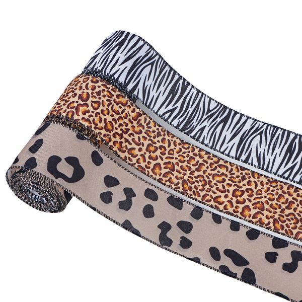 Zebra Leopard Printed Wired Ribbon Animal Pattern Fabric Burlap Ribbon for Home Decor 2.5 Inch