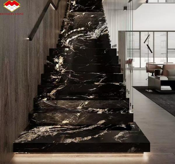 Modern Natural Phoenix Feather Black Gold Marble Stone Stair Steps Tile Big Slab