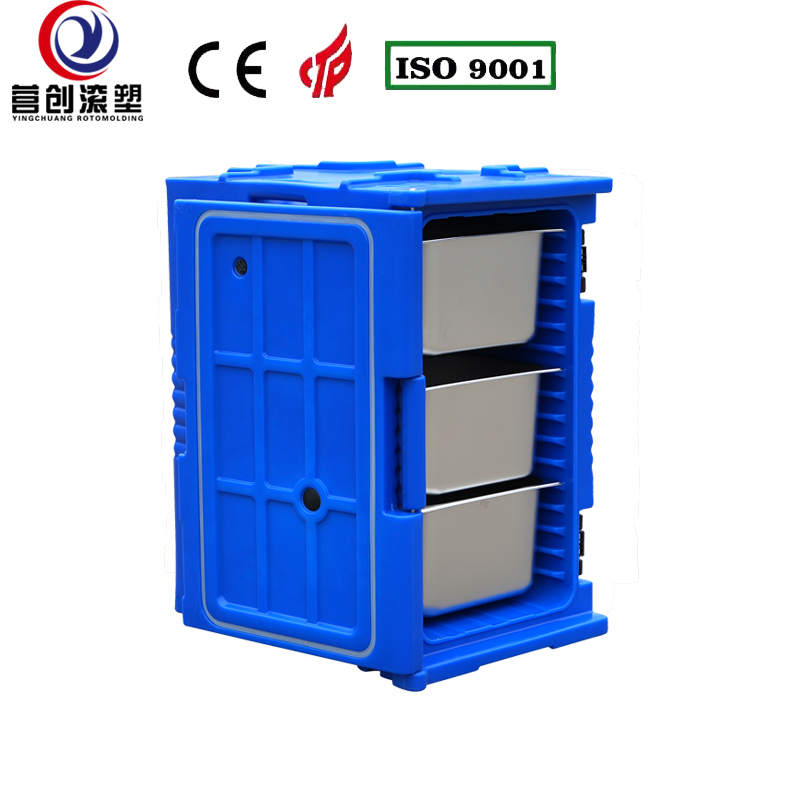YINGCHUANG ROTOMOLDING OEM 120L Blue Rotomolded Insulated Box With Small Casters, Thick PU Foam Hot & Cold GN Pan Food Transport Cabinet For Central Kitchen Catering Canteen