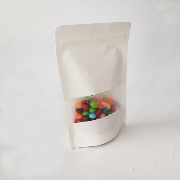 Water-proof Matte Plastic Film Laminate Stand Up White Paper Pouch with Zipper Window for Snacks, Candy, Food Packaging