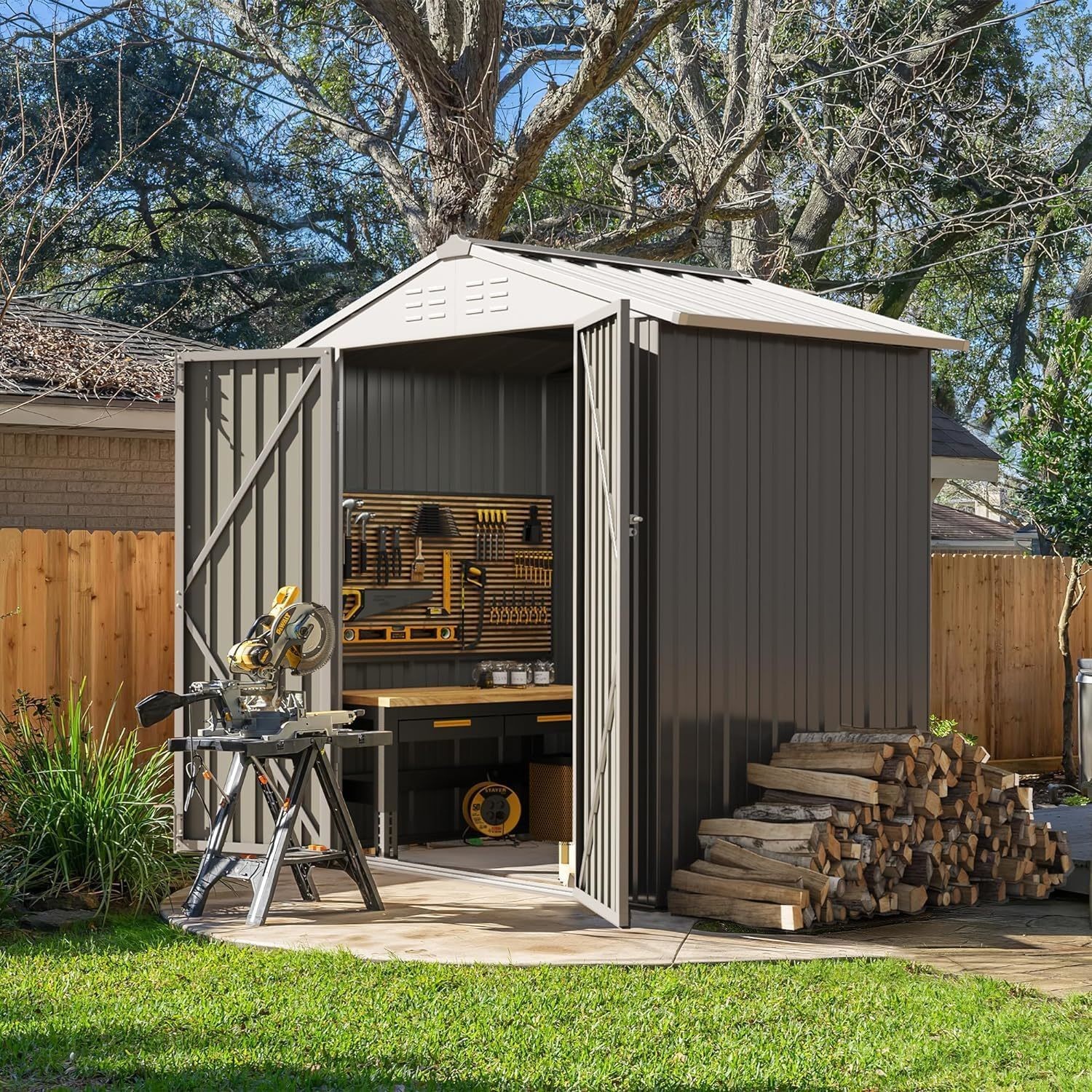 Powder Coated AJUNION Metal Garden Shed Double Lockable Door 50D x 78.3W x 74.2H