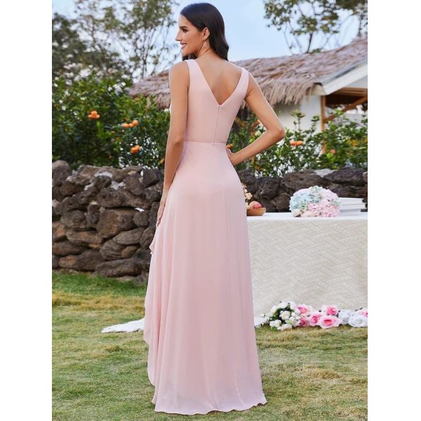 Sexy High-low Ruffles V-neck Waist Pleating Two Straps Pink Chiffon Pleated Lotus Leaf Sleeveless Bridesmaid Dress