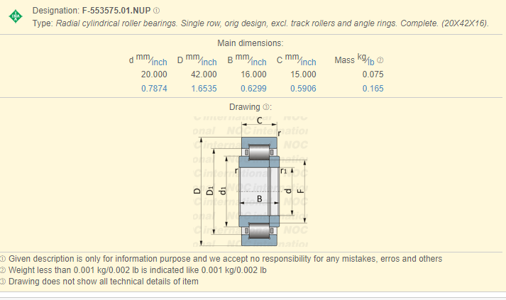 F -553575.01 Cylindrical Roller Bearing Printing Machine Bearing Catalog 20 × 42 × 16 mm