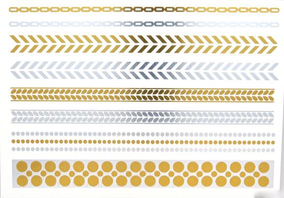 Gold and silver foil metallic temporary tattoo. Gold, rose gold, silver, black, turquoise.
