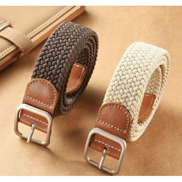 Canvas Woven Belt, Leather Trim Belt, Silver Buckle, Stretch Belt, Two-Tone Casual Belt, Versatile Belt for Jeans