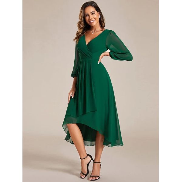 Elegant Empire Long Sleeve V-neck High Low A-line Ruffled Midi Dark Green Chiffon Wedding Guest Evening Dress 