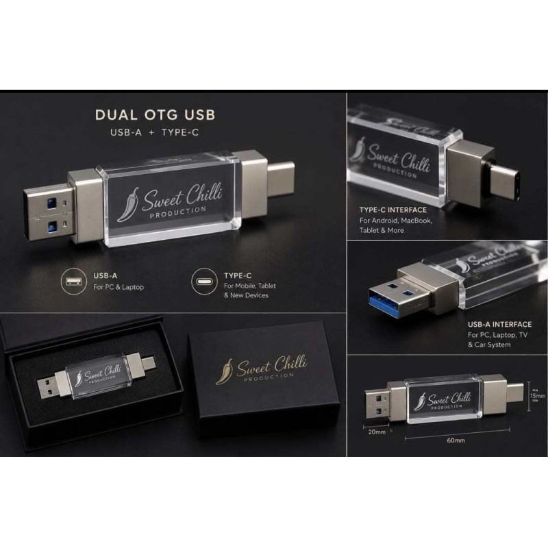Crystal Usb 3.0 USB A With Type C Both Port Reading Very Fast Crystal Part Can Engraving Logo Metal Part Can Laser Logo Inside Have Two Flash Chips