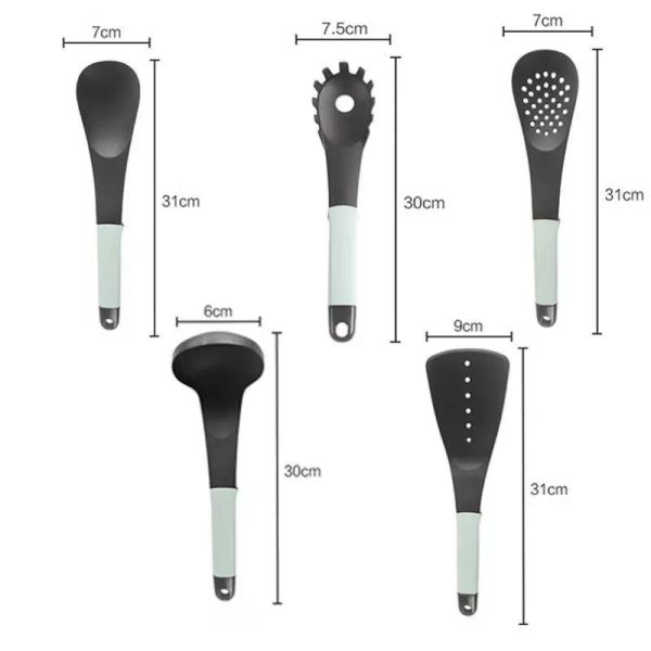 High Temperature Food Grade Plastic Spatula Spoon Set Kitchenware 5 Pieces with Rack