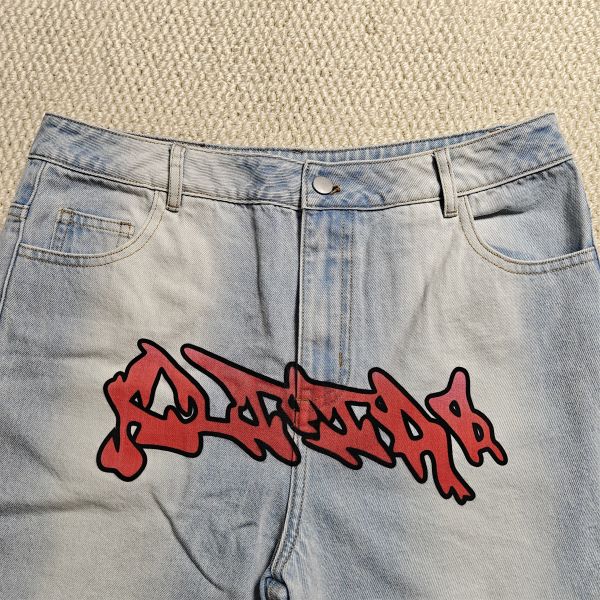 Custom Flared Knee Jeans Shorts Y2k Streetwear Embroidery Printed Vintage Double Waist Baggy Vintage Denim Jorts Men
