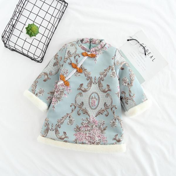 O Neck Girls Quilted Chinese Cheongsam Shirt Light Green Polyester Retro Button Top