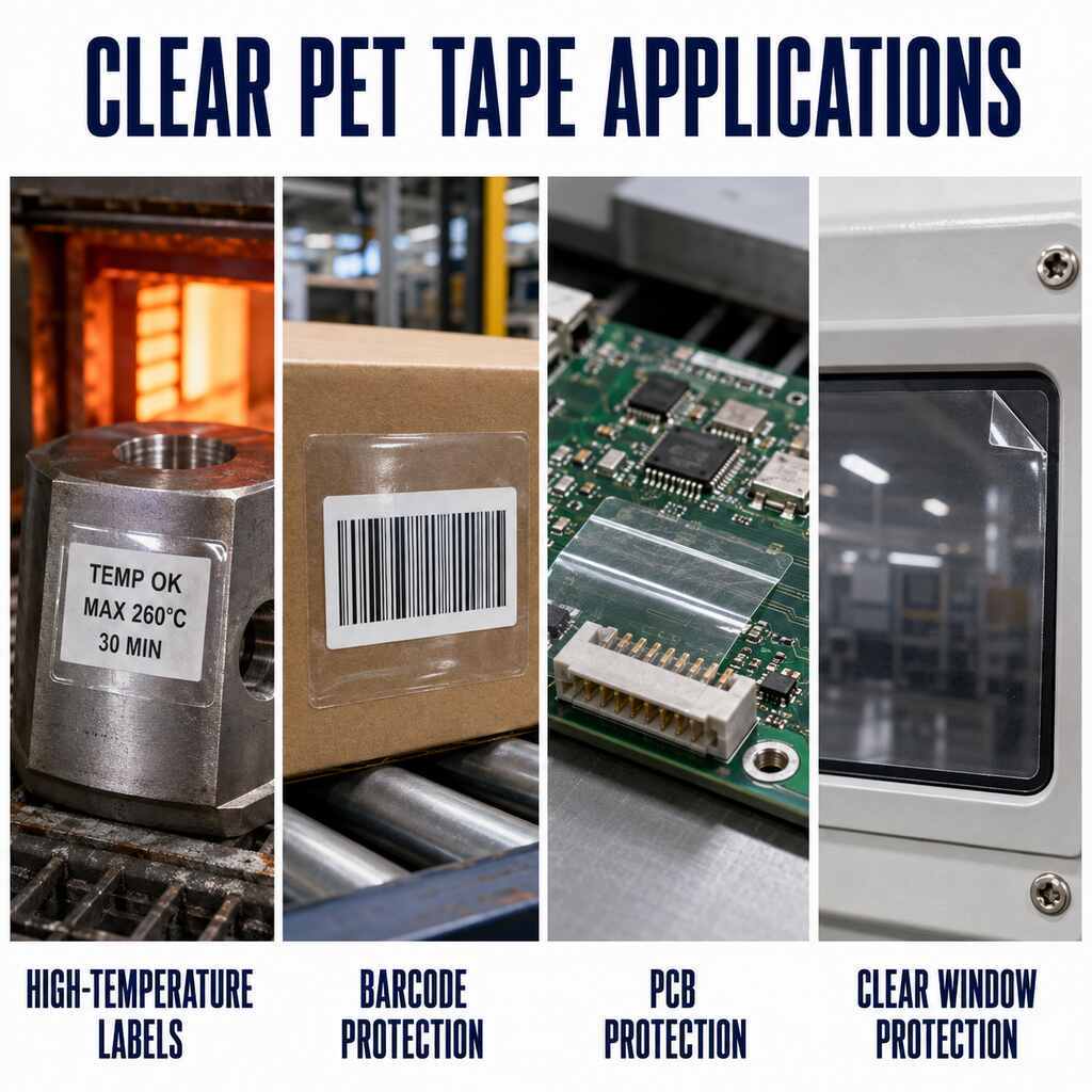 Clear PET High Temperature Tape (Transparent Polyester Silicone Tape / High Temperature Label Protection Tape / Clear PET Masking Tape) – For Barcode, PCB & Window Protection