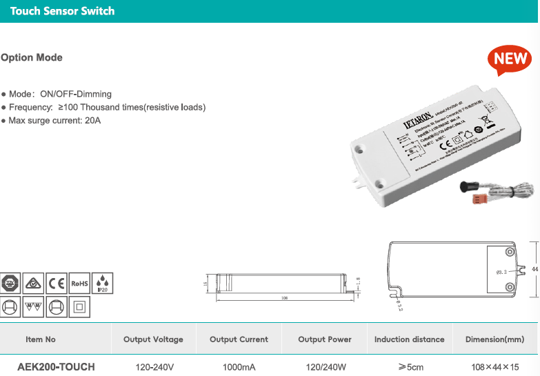 Letaron 120/240W High Voltage Touch Sensor Switch with Brightness Dimming