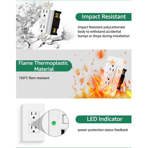 125V 15A Tamper Resistant GFCI Electrical Outlet with Self-Test and UL943 Standard GFCI Grounding