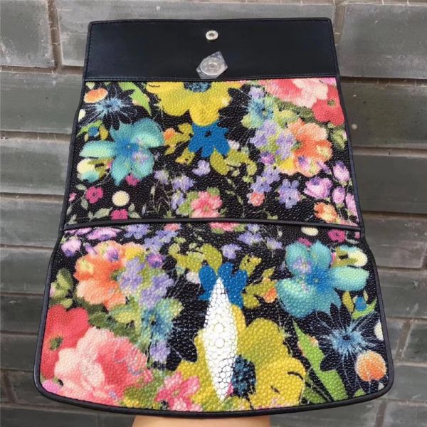 Authentic Stingray Skin Female Long  Flower Trifold Wallet Genuine Leather Lady Large Clutch Bag Women Floral Coin Purse