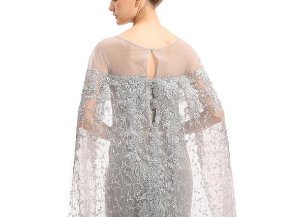Embroidery Lace Muslim Evening Dress With Long Cape / Grey Prom Dress