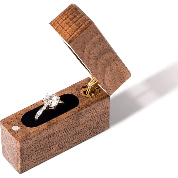 Customized Wooden Engagement Ring Box Small Slim Flat Ring Case for Proposal,Wedding
