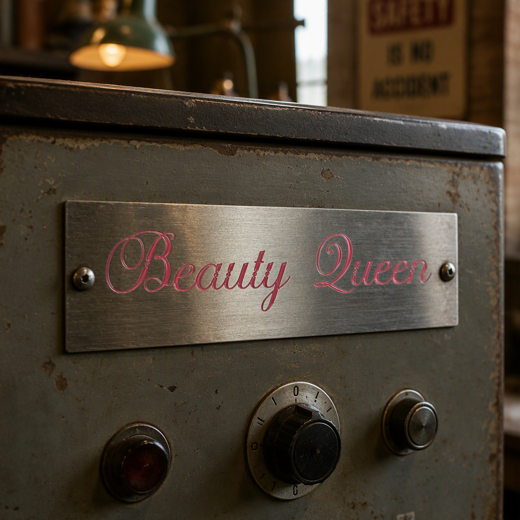 Custom Etched Stainless Steel Nameplate Filled With Pink Paint With Mounting Holes