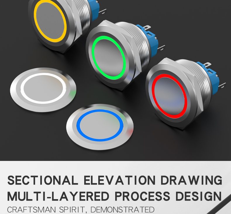 30mm metal push button switch, self-locking reset, with light ring, stainless steel start-stop button