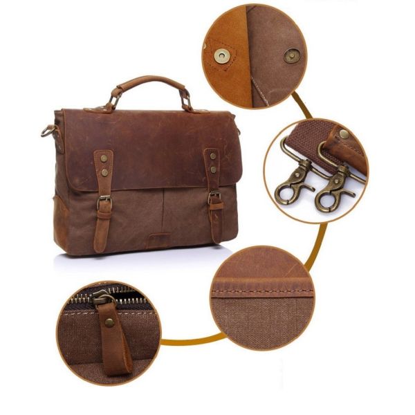 Retro Men Messenger Sling 15 Inch Canvas Leather Laptop Briefcase