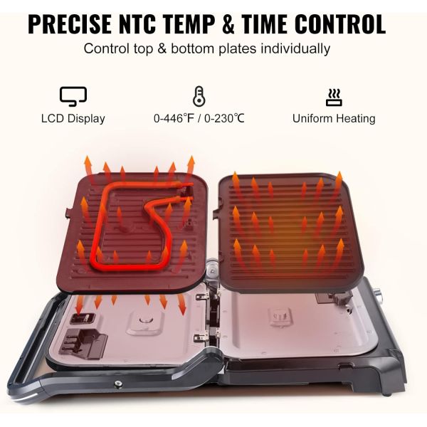 Grill eléctrico de contacto digital de barbacoa sin humo Aplicación de cocina para el hogar desmontable 6 rebanadas Panini Maker con detección de sonda