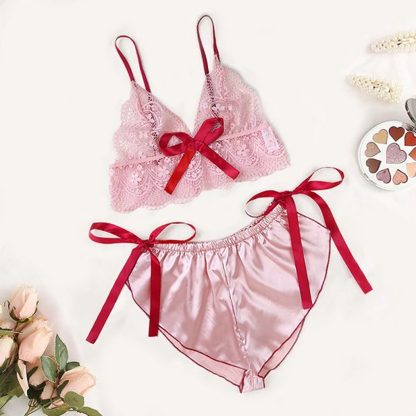 Deep V Cleavage Tinted Lace Embroidery Bra And Underwear Sets Sexy Silk Sleepwear Set