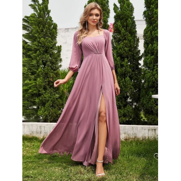 Plus Size Ruffled Long Sleeve High Slit Off-shoulder High Slit Burgundy Chiffon Prom Dress