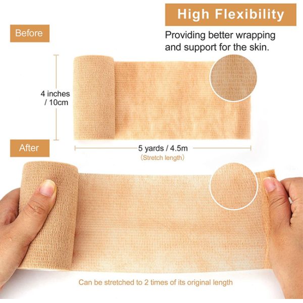 4 Inches X 5 Yards Tan Elastic Cohesive Bandage NonWoven Self Adhesive