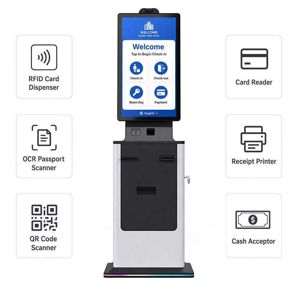 Hotel Hospital Check in Kiosk Self Service Touch Screen Card Dispenser Passport Scanner Ticket Printer Cash Acceptor Payment Kiosk