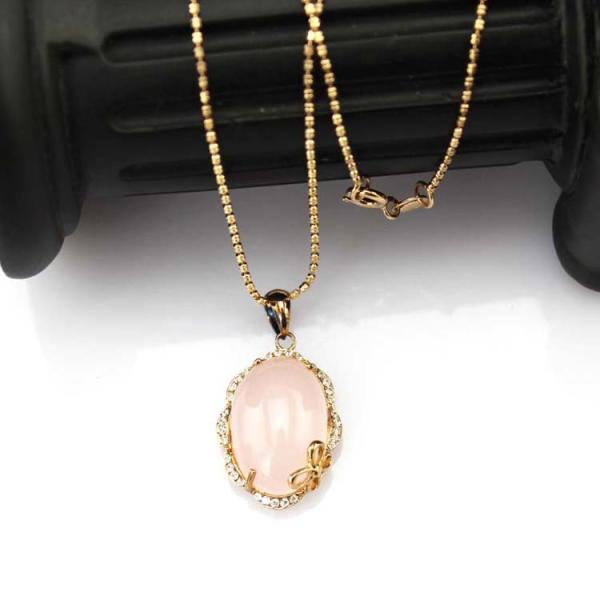 Rose Gold Plated Sterling Silver Oval 14mmx20mm Rose Quartz  Pendant Necklace (PSJ0260)