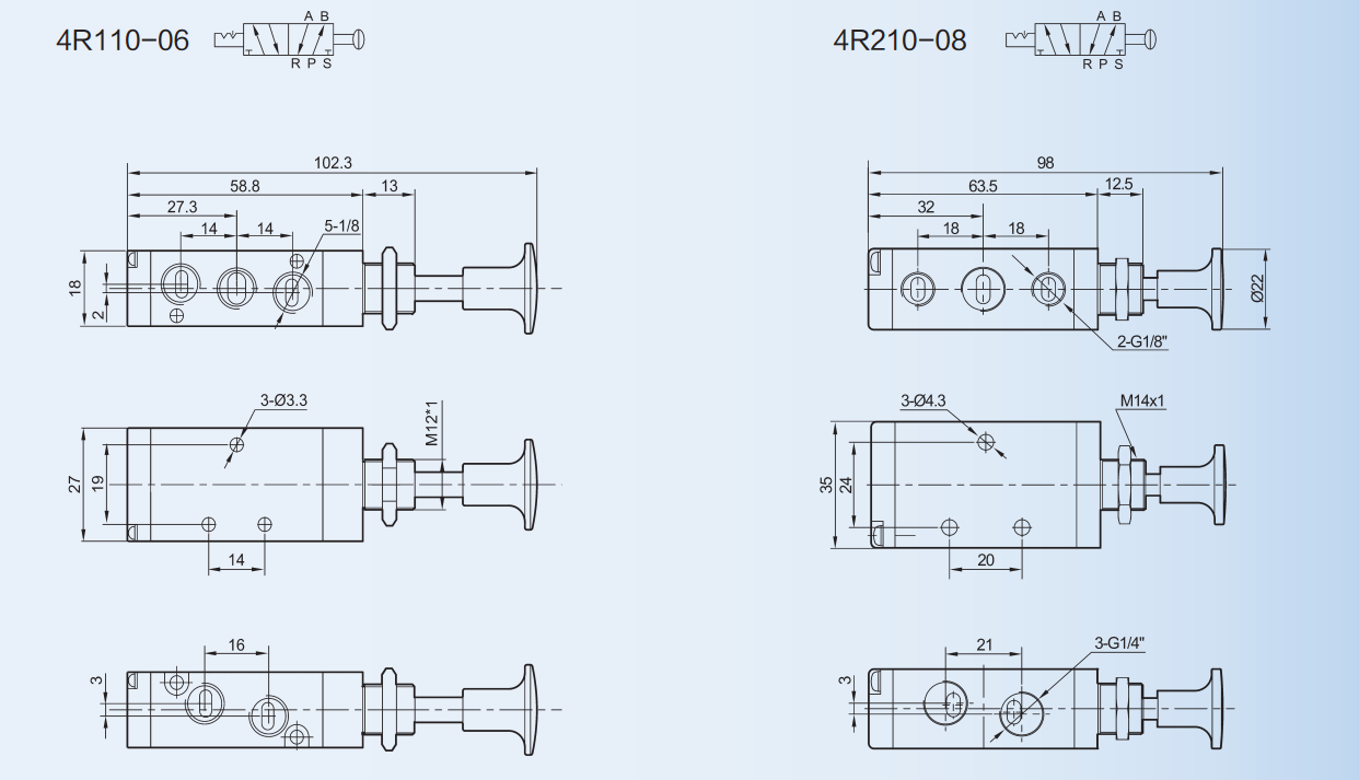 Aluminum 5 / 2 Way Pneumatic Manual Valve 4R Single Head Double Position With Black Knob