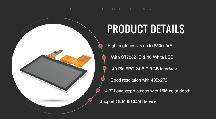 High Brightness RGB TFT LCD Display Module 40Pin Capacitive Touch 4.3Inch 480x272