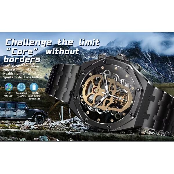 Reloj inteligente de acero inoxidable de oro AK68 de 1,43 pulgadas Smartwatch de monitoreo de salud con pantalla de amortiguador