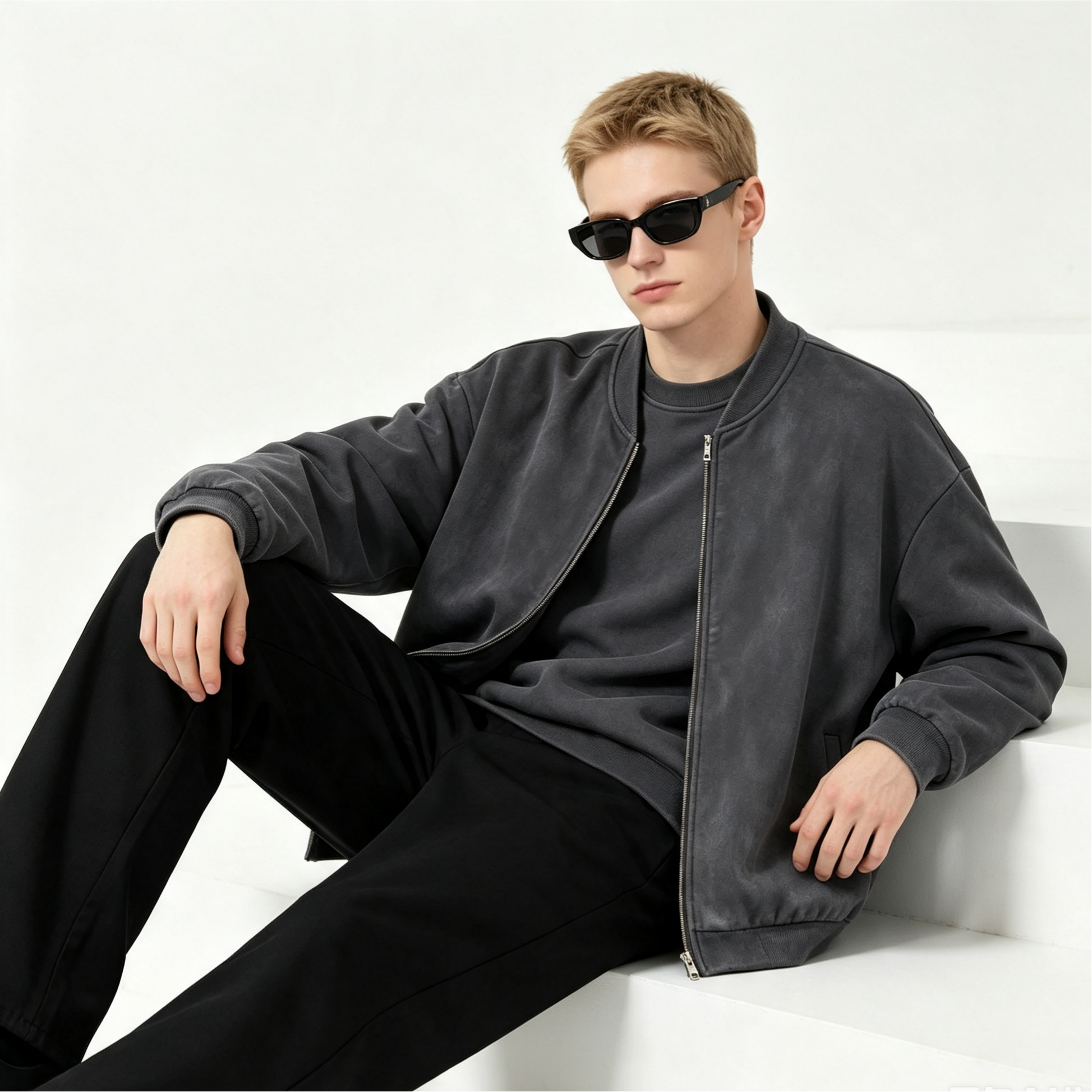 Men’s Vintage Washed Cotton Zip-Up Jacket 355G Casual Streetwear Fleece Lined Bomber