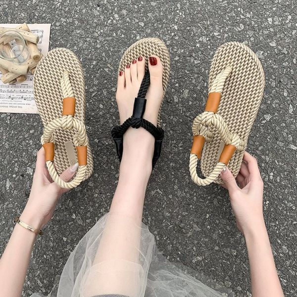 Y-Z Summer Fashion Open Toe Flip Flops Sandal Bohemian Beach Casual Large Size Women Roman Grass Woven Thong Sandals